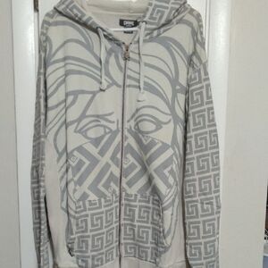 Crooks And Castles White and Gray Graphic Zip-Up Sweater